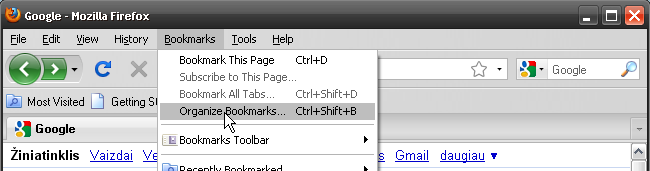 Bookmarks > Organize Bookmarks